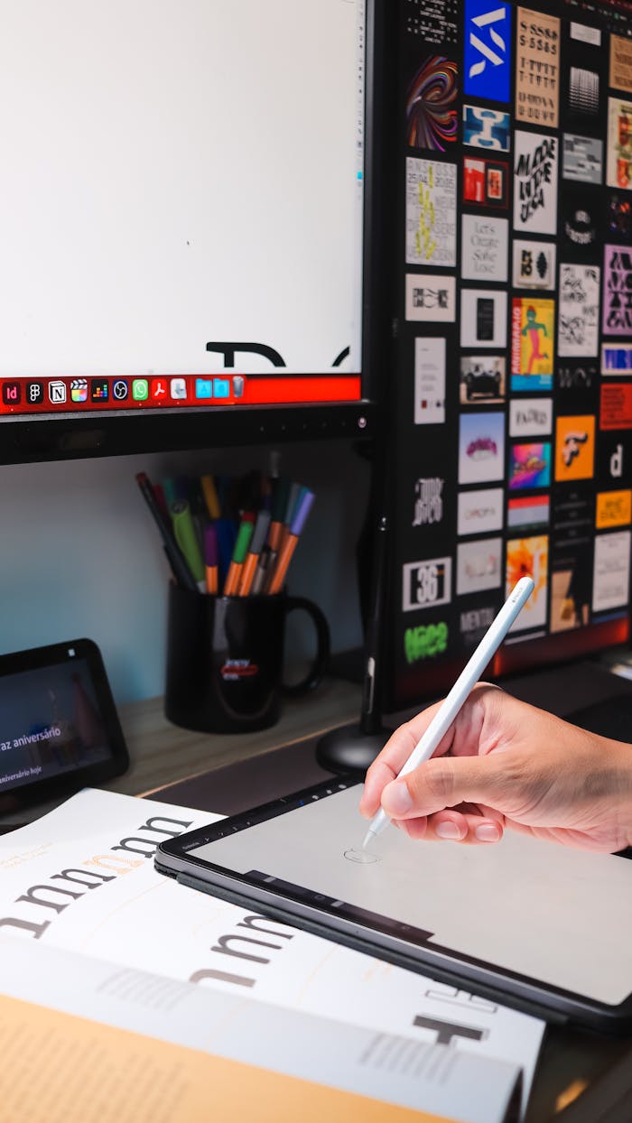 About Close-up of a hand using a stylus on a tablet in a modern digital workspace.