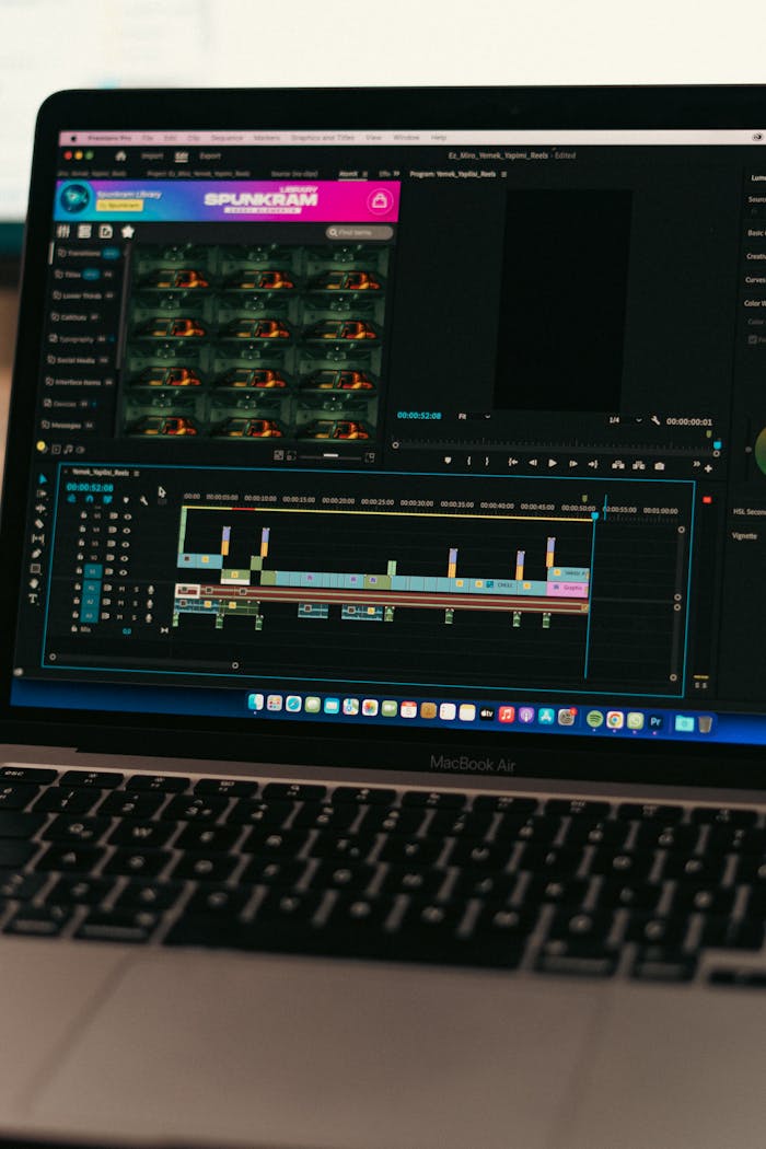 Home Close-up of video editing software on a MacBook Air screen, showcasing a digital workspace.